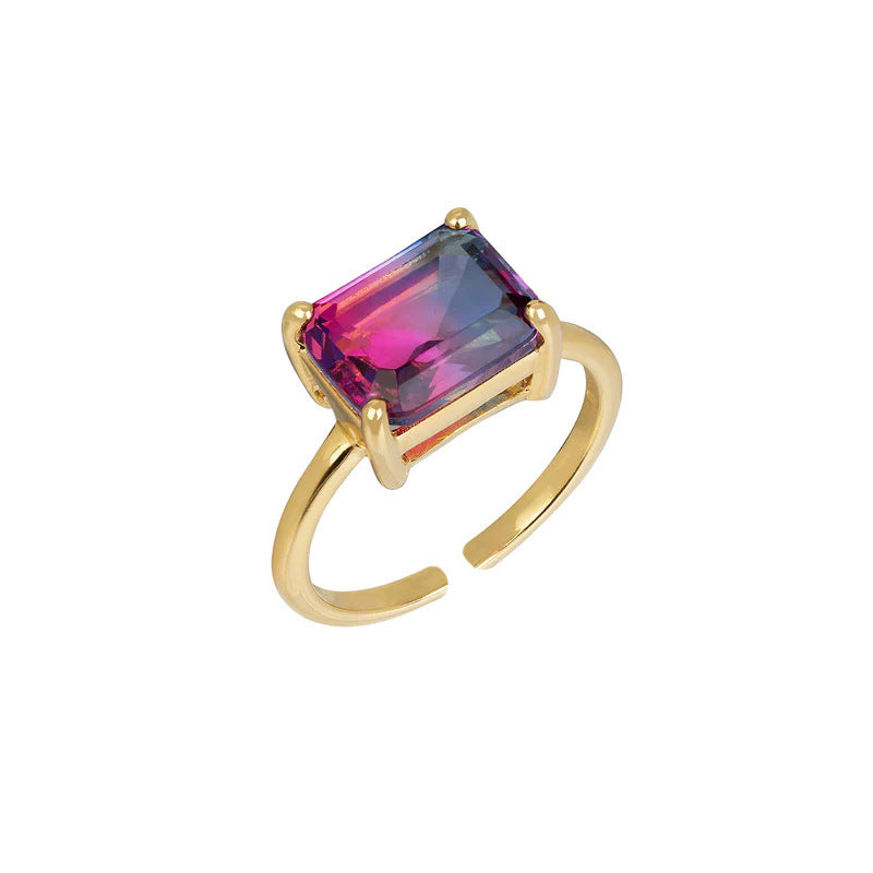 Gradient Color Square Large Zircon Ring Electroplated 18K Gold Open Copper Ring