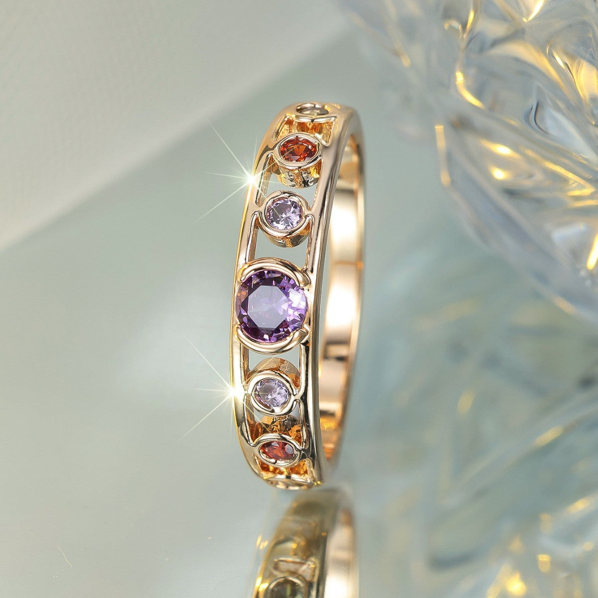 Champagne Gold Colorful Crystals Round Ring