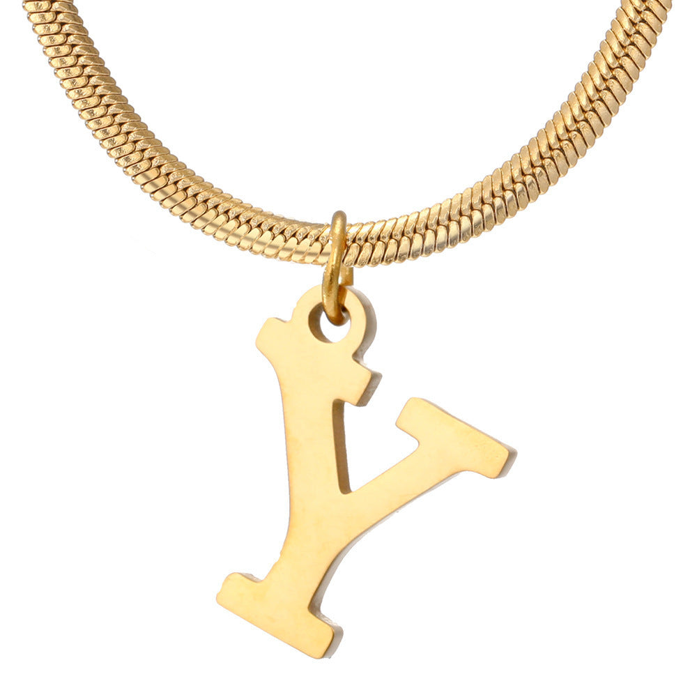 Stainless Steel 26 English Letter Pendant Flat Snake Bone Necklace