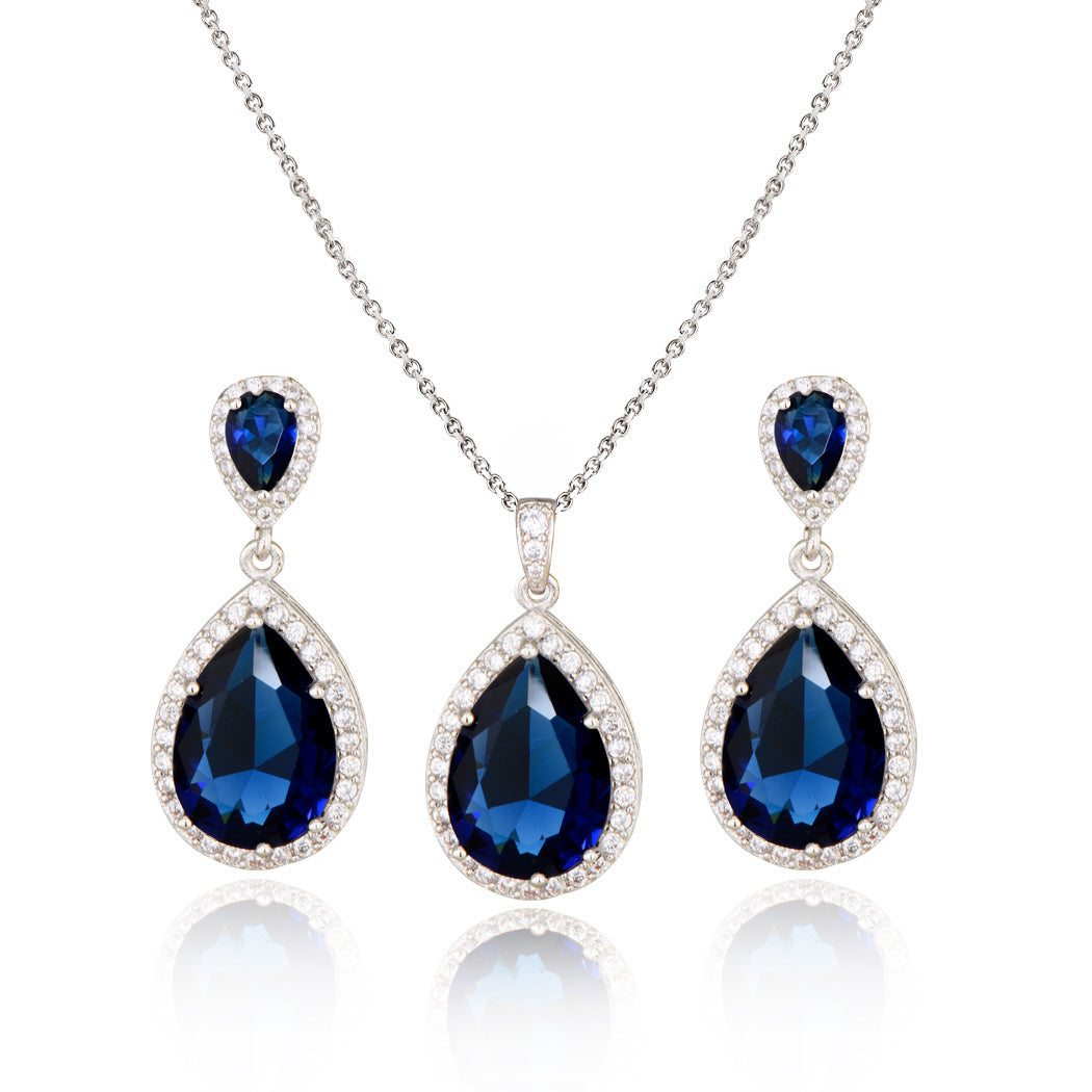 14k Bright Big Zircon Water Drops Necklace Eardrop Set