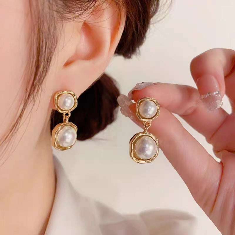 Graceful Metal Pearl Stud Earrings