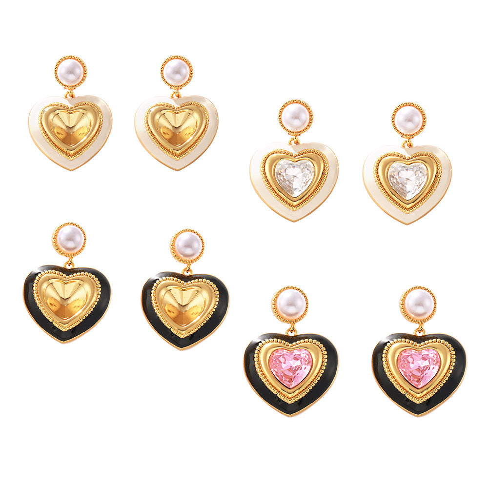 Heart-shaped Three-dimensional Glass Stone Full Ear Studs Earrings