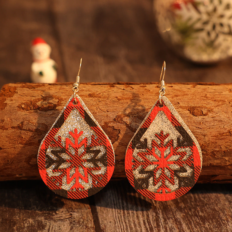 Double-Layer Silver Red Black Plaid Hollow Snowflake Leather Earrings