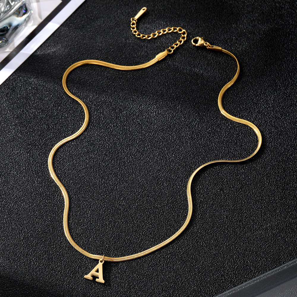 Stainless Steel 26 English Letter Pendant Flat Snake Bone Necklace