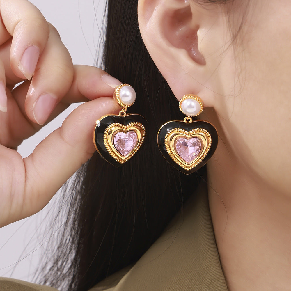 Heart-shaped Three-dimensional Glass Stone Full Ear Studs Earrings