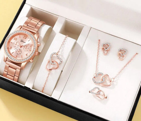 5PCs Steel Band Women's Casual Quartz Watch Set