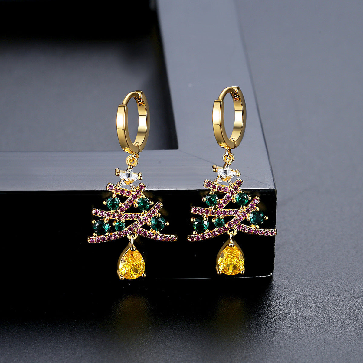 New Christmas Tree Earrings With Colorful Rhinestones Fashion Personality Shining Earrings