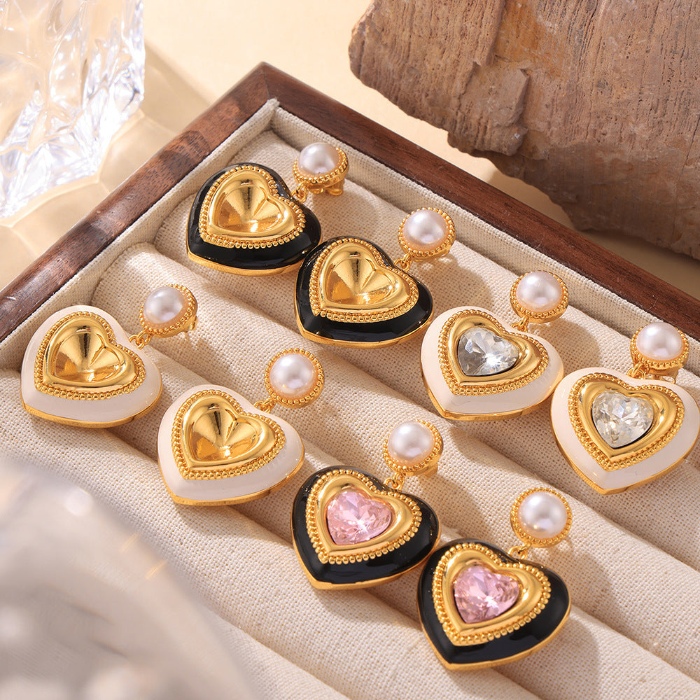 Heart-shaped Three-dimensional Glass Stone Full Ear Studs Earrings