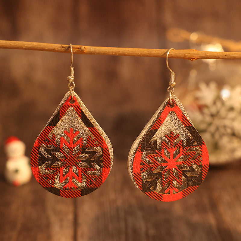 Double-Layer Silver Red Black Plaid Hollow Snowflake Leather Earrings