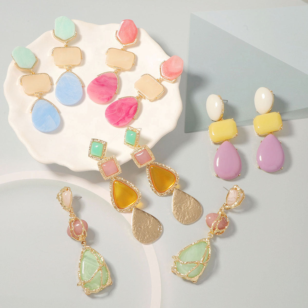 Fashion Color Acetate Resin Alloy Water Drop Long Earrings