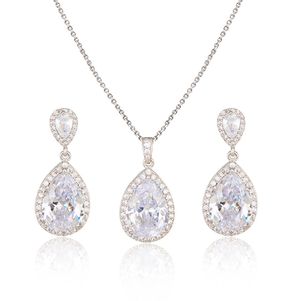 14k Bright Big Zircon Water Drops Necklace Eardrop Set