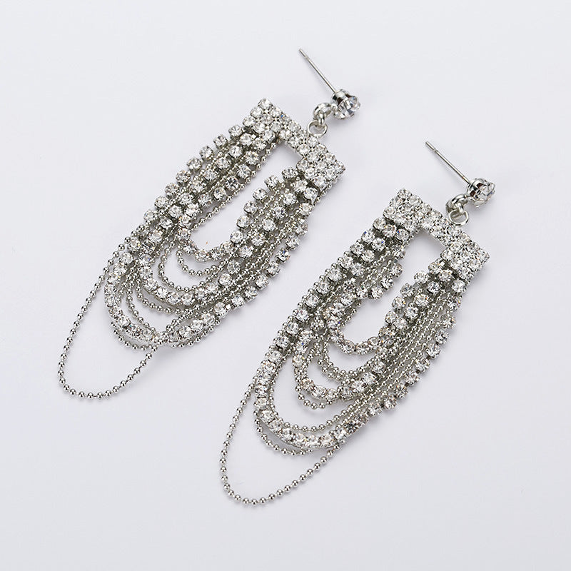 Modern Simple And Elegant Delicate Bead-set Diamond Tassel Earrings