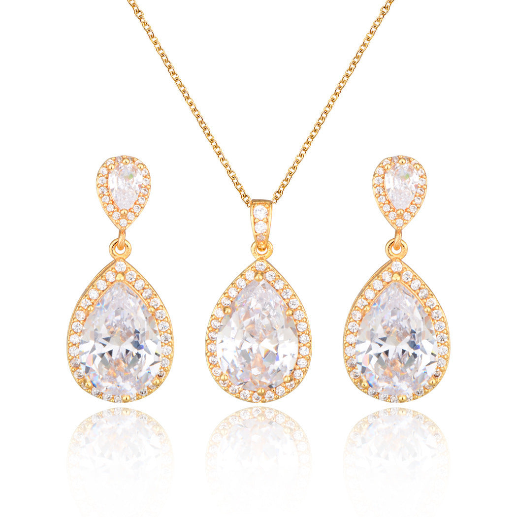 14k Bright Big Zircon Water Drops Necklace Eardrop Set