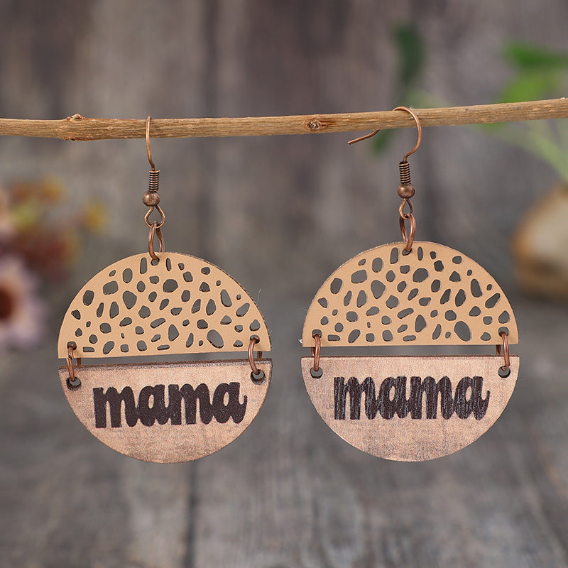 Mother's Day Retro Wood Piece Leather Alphabet Letter Earrings