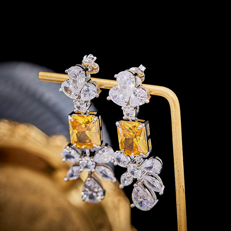 Yellow Diamond Earrings Female Creative Personality Inlaid Imported Zircon