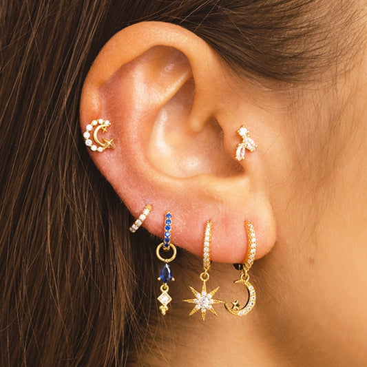 Awn Star Moon Asymmetric Full Diamond Earrings