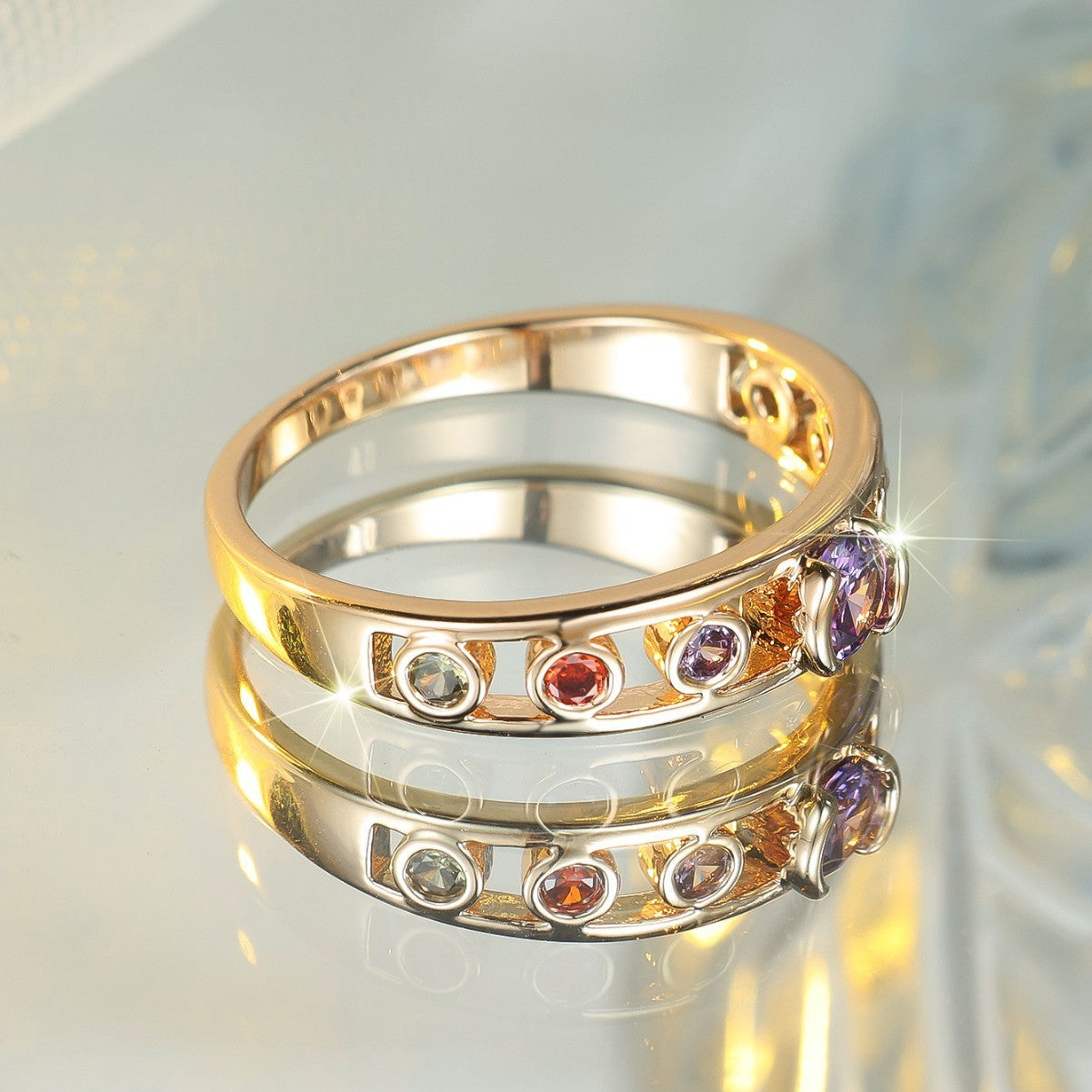 Champagne Gold Colorful Crystals Round Ring