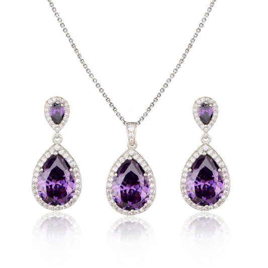 14k Bright Big Zircon Water Drops Necklace Eardrop Set