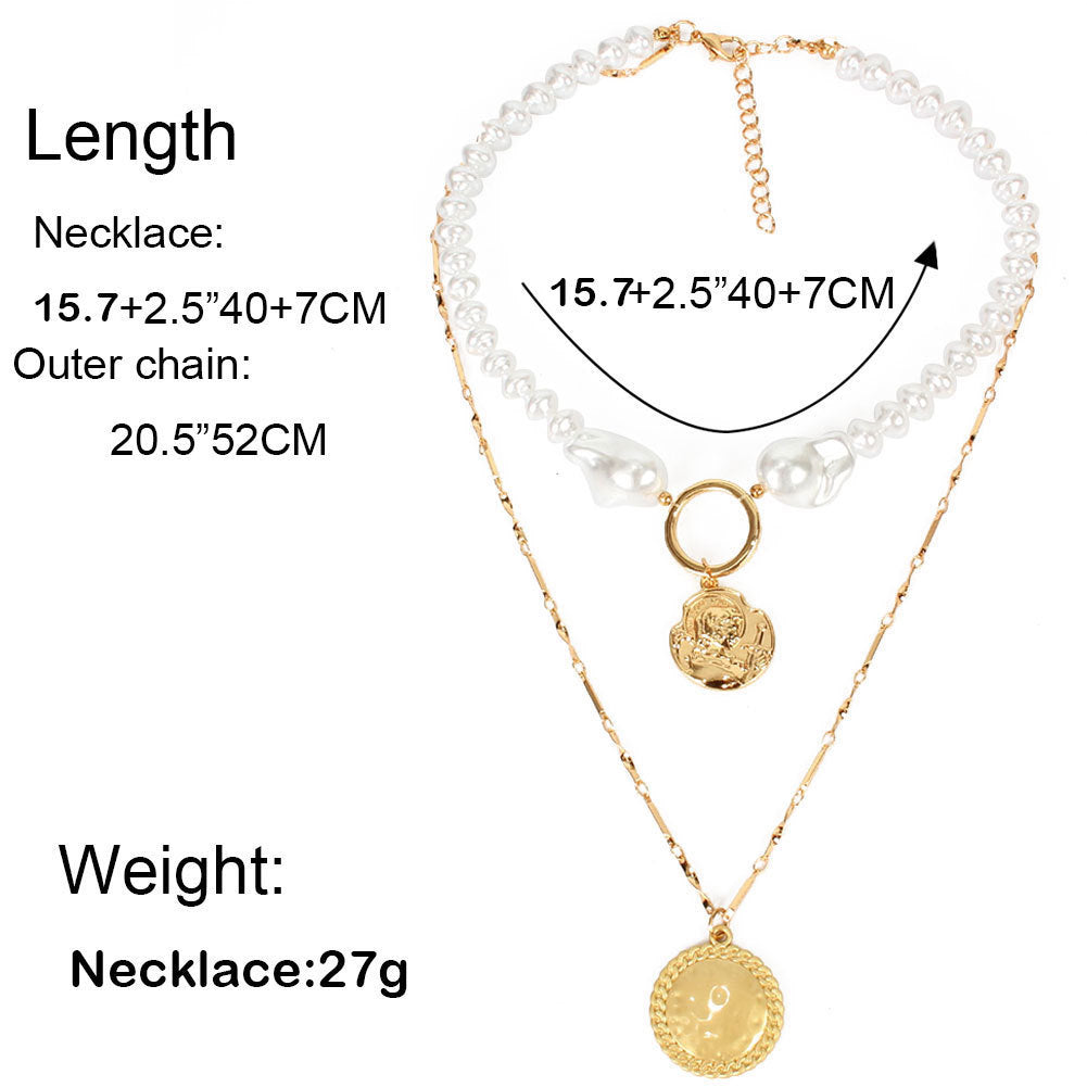 Gold Queen Coin Card Neck Beaded Shaped Pearl Multi-layer Necklace For Women