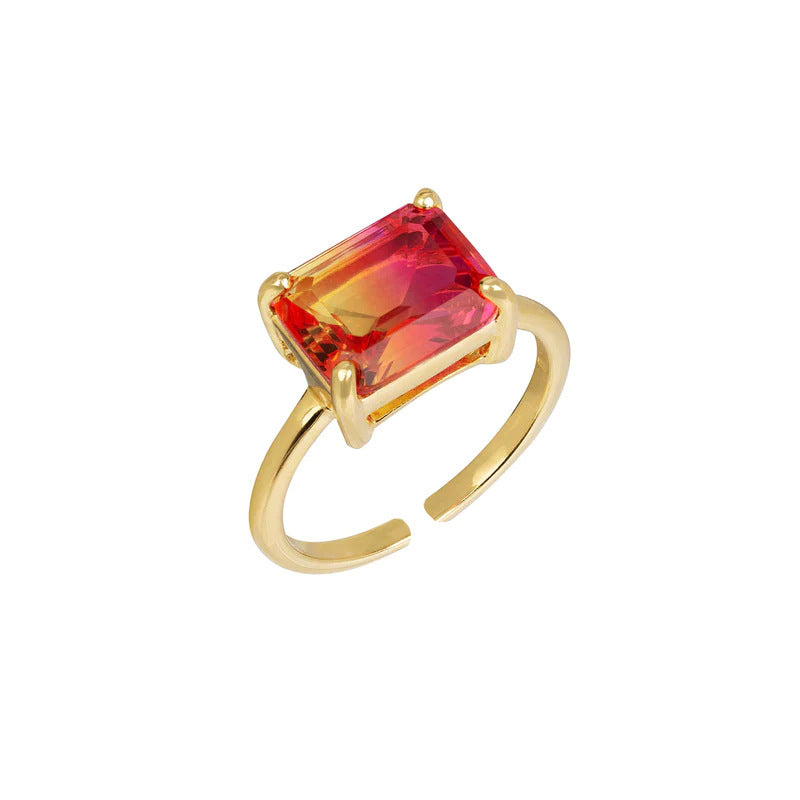 Gradient Color Square Large Zircon Ring Electroplated 18K Gold Open Copper Ring