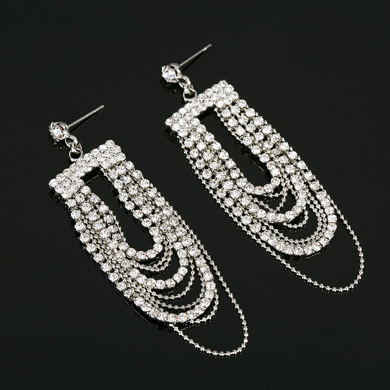 Modern Simple And Elegant Delicate Bead-set Diamond Tassel Earrings