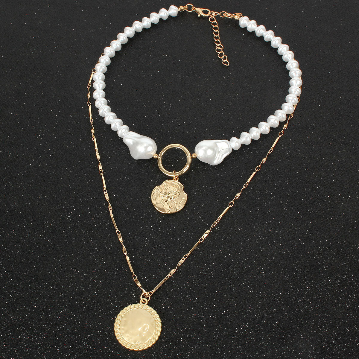 Gold Queen Coin Card Neck Beaded Shaped Pearl Multi-layer Necklace For Women