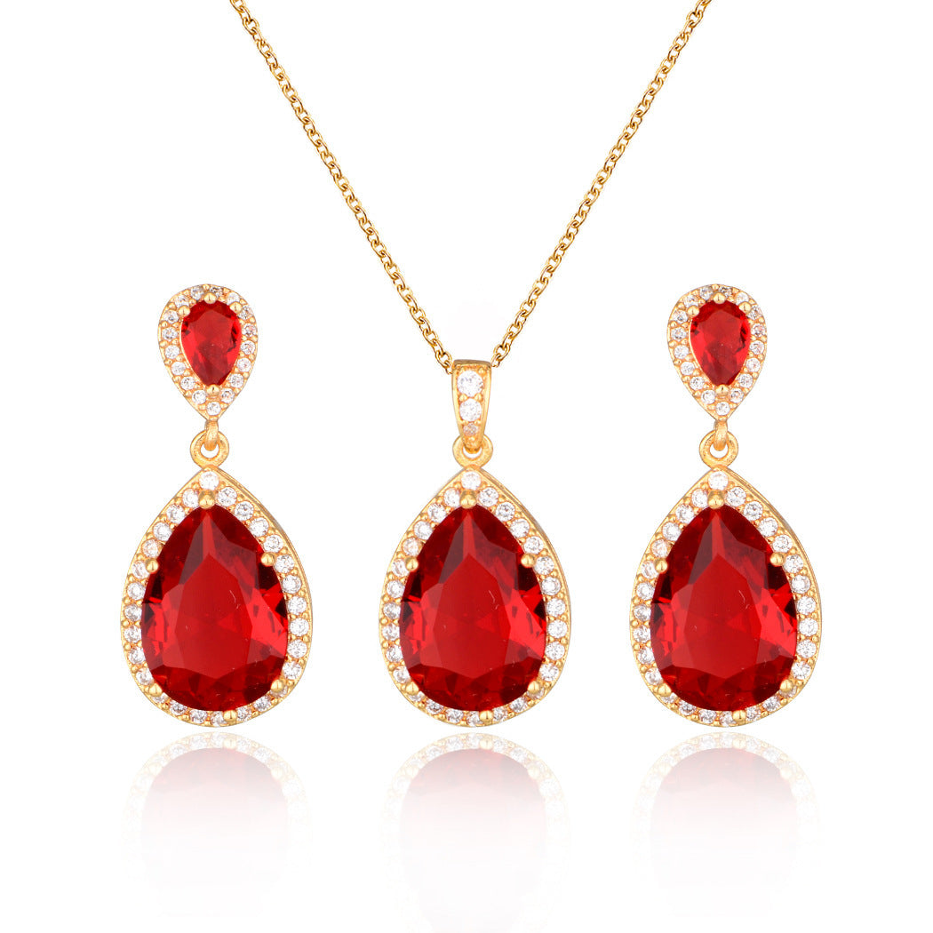 14k Bright Big Zircon Water Drops Necklace Eardrop Set